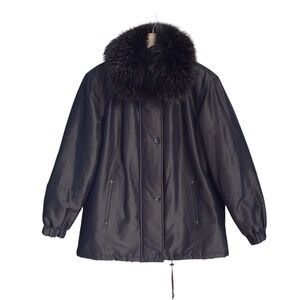 Fleet Street Metallic Iridescent Dark Green Racoon Fur Trim Coat